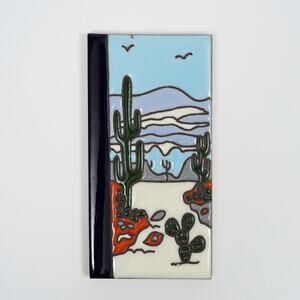 Mexican Talavera Tile Saguaro Desert Hand Painted 3x6 Folk Art